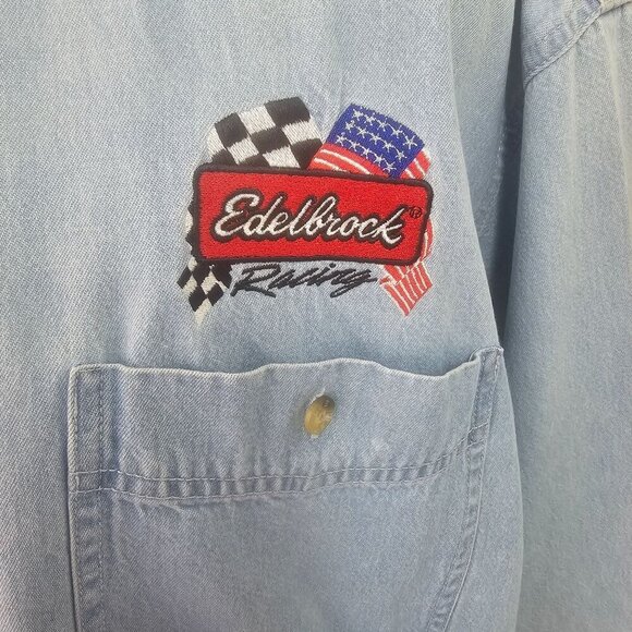 90s Lee Denim Coll Edelbrock Denim Shirt Mens XL Embroidered Button Up Long Slv - Picture 1 of 13